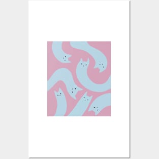 cat pattern aesthetic illustration pink blue Posters and Art